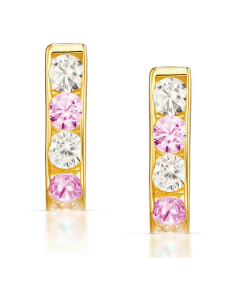Gold rectangular earrings pink zirconia 8k