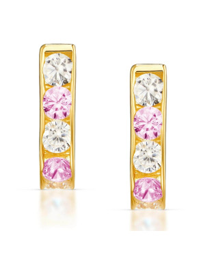 Gold rectangular earrings pink zirconia 8k