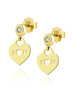 Gold heart earrings ILOVEU with zirconia