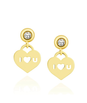 Gold heart earrings ILOVEU with zirconia