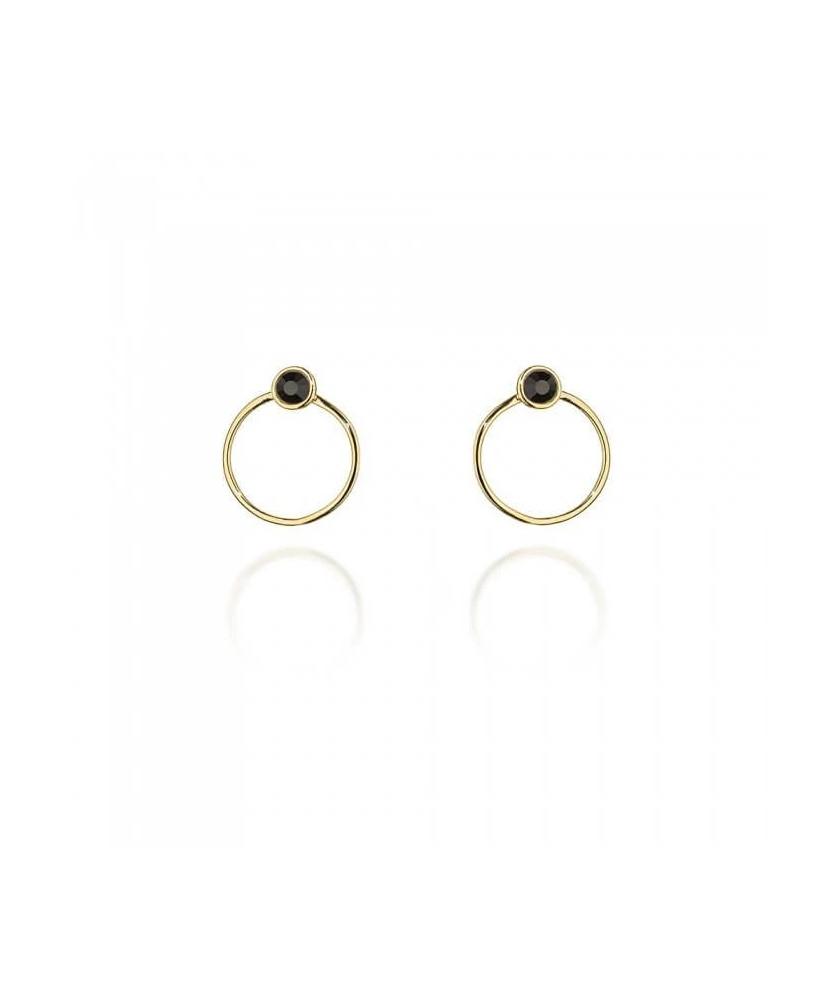 Gold Plated Silver Circle Stud Earrings with Black Zirconia