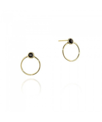 Gold Plated Silver Circle Stud Earrings with Black Zirconia