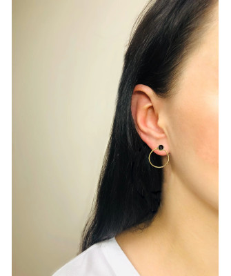 Gold Plated Silver Circle Stud Earrings with Black Zirconia