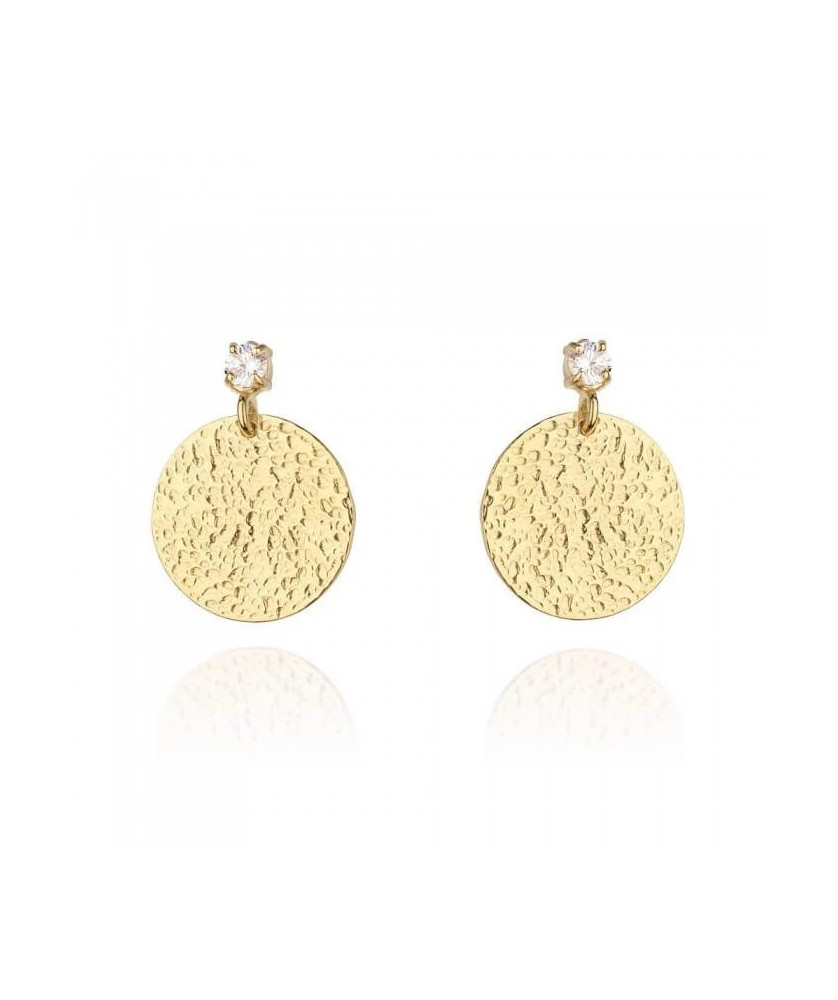 Gold Plated Silver Disc Drop Earrings with Zirconia