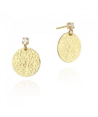 Gold Plated Silver Disc Drop Earrings with Zirconia