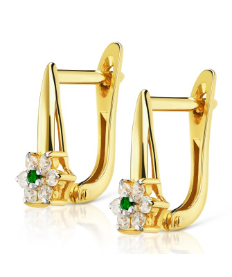 Gold earrings with flowers green zirconia 14k