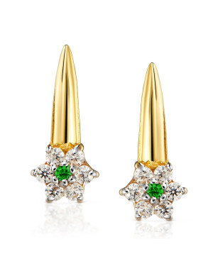 Gold earrings with flowers green zirconia 14k