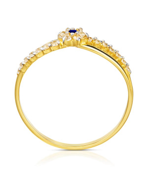 Thin 8k gold ring with a sapphire-coloured cubic zirconia flower.