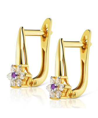 Gold flower earrings with purple stone 8k hallmark