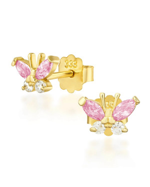 Gold earrings with pink butterflies