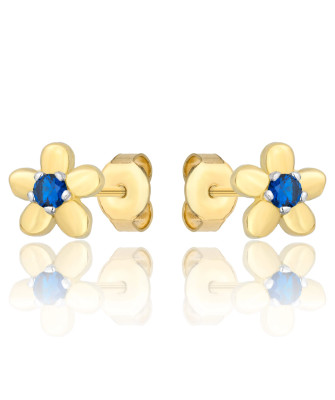 8K Gold Flower Stud Earrings with Blue Cubic Zirconia