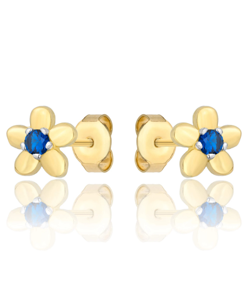 8K Gold Flower Stud Earrings with Blue Cubic Zirconia