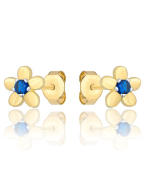 8K Gold Flower Stud Earrings with Blue Cubic Zirconia