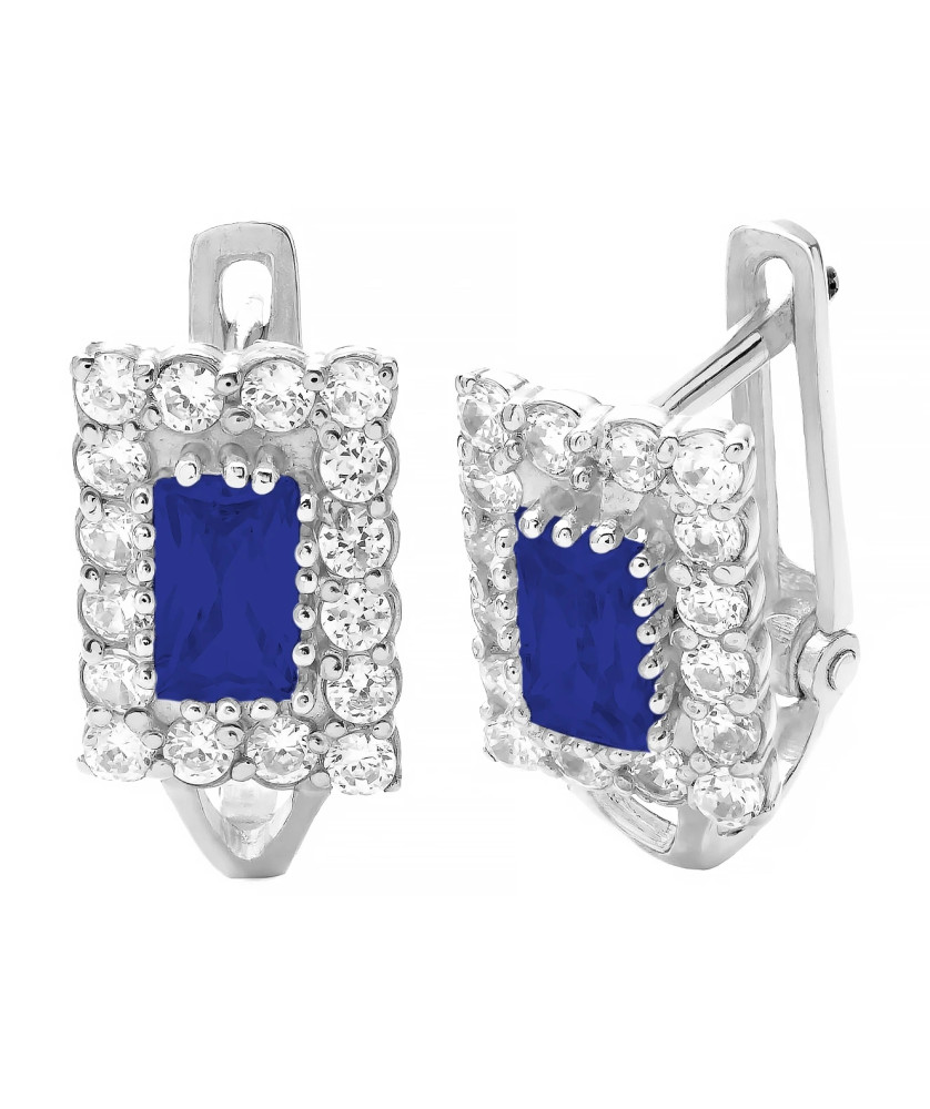 Sterling Silver Leverback Earrings with Blue Rectangular Zirconia