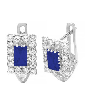 Sterling Silver Leverback Earrings with Blue Rectangular Zirconia