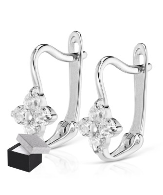 Sterling Silver Flower Leverback Earrings with Zirconia