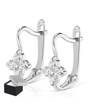 Sterling Silver Flower Leverback Earrings with Zirconia