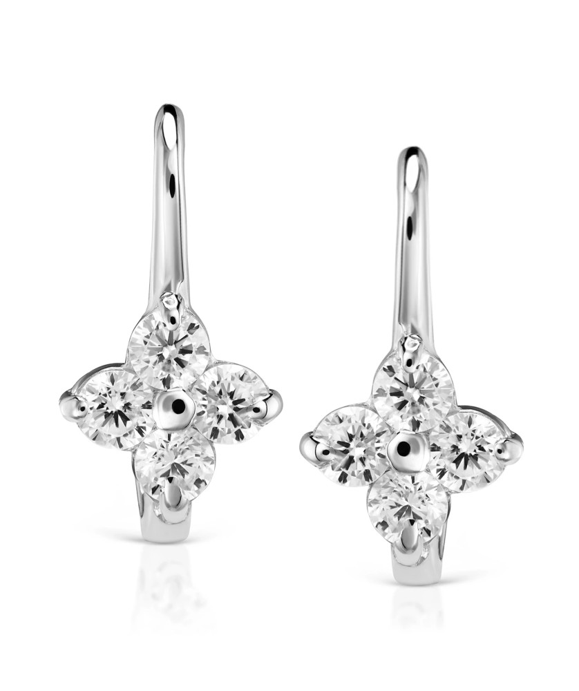 Sterling Silver Flower Leverback Earrings with Zirconia