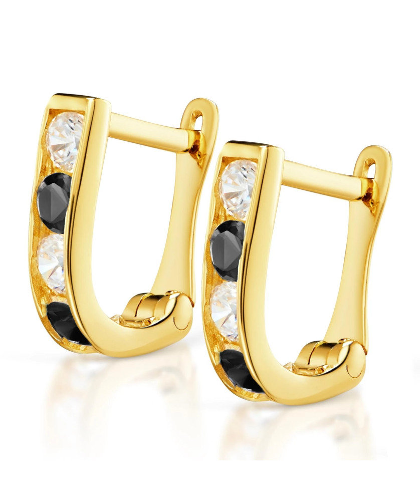 Gold earrings rectangular black zirconia