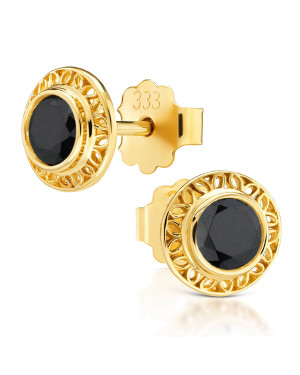 Lacy gold earrings with a black stone