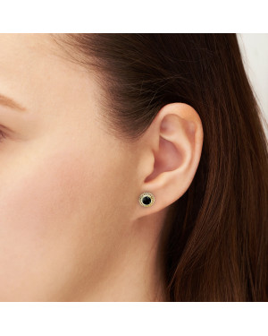 Lacy gold earrings with a black stone