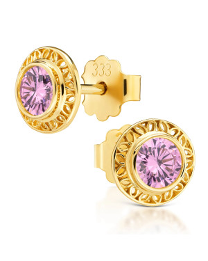 Lacy gold earrings with a pink stone