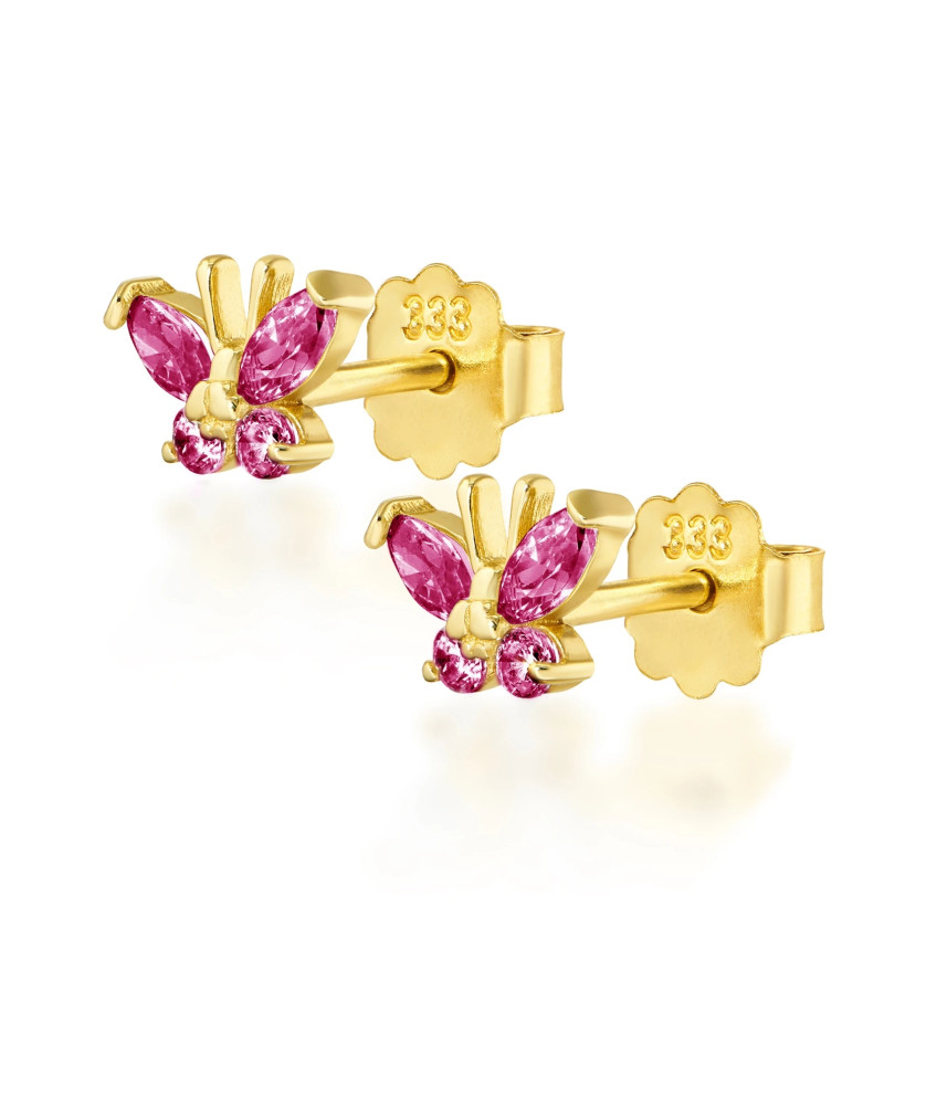 Dark pink butterfly gold earrings