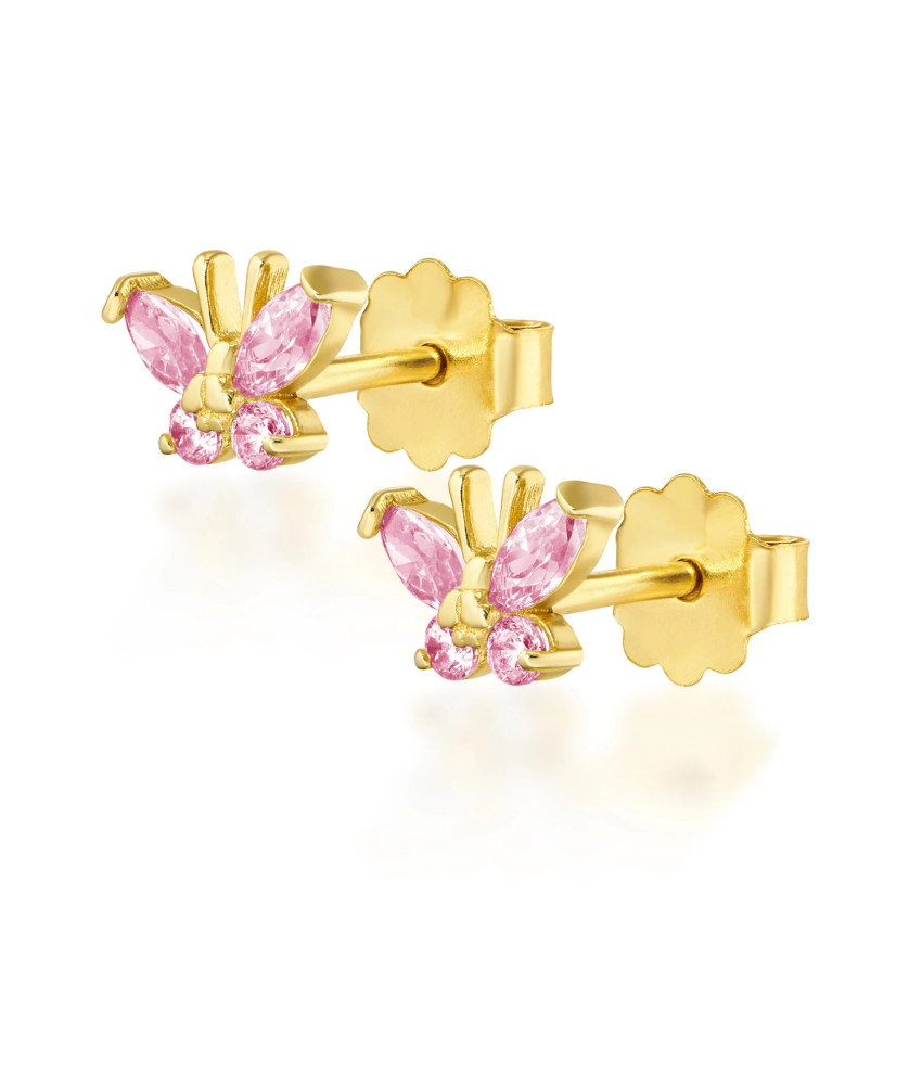 Bright pink butterfly gold earrings