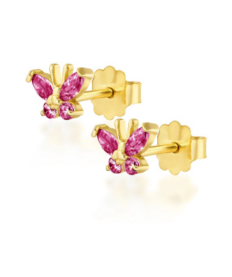 Gold butterfly earrings dark pink 14k