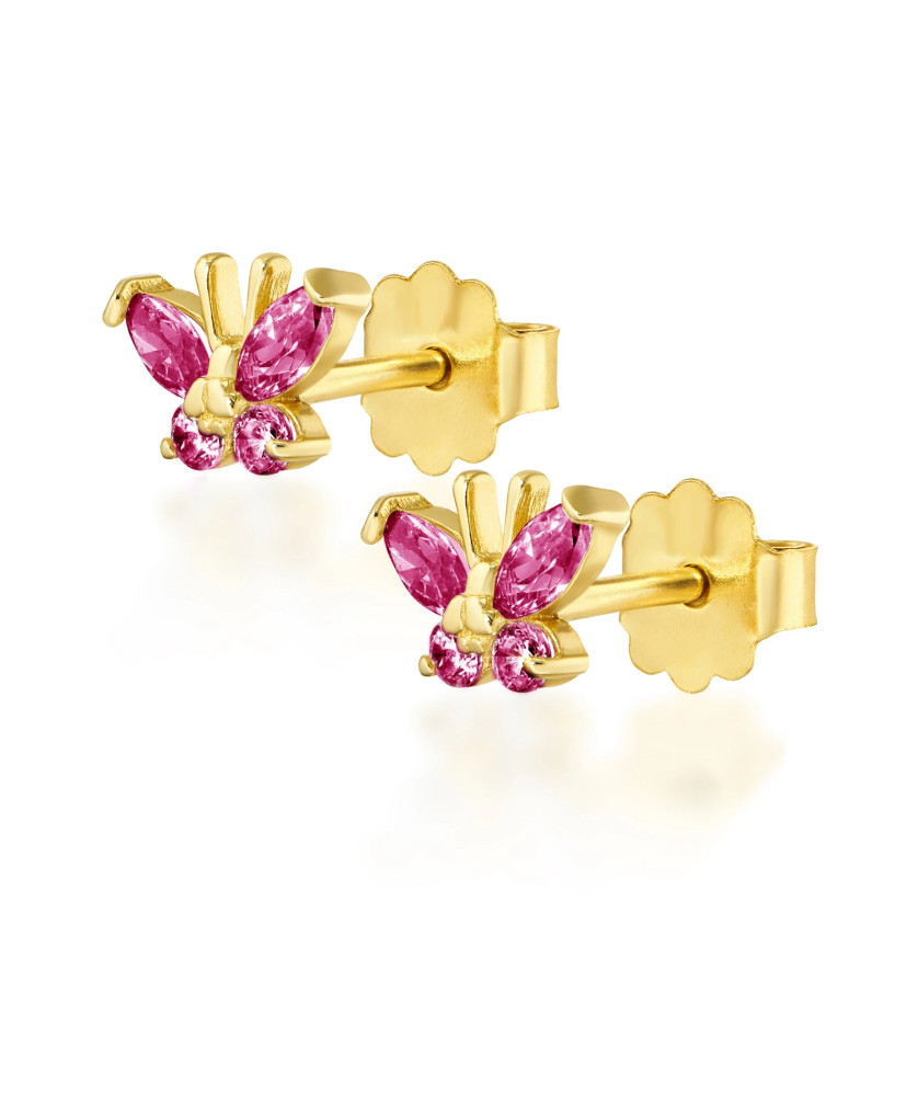 Gold butterfly earrings dark pink 14k