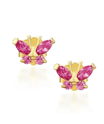 Gold butterfly earrings dark pink 14k
