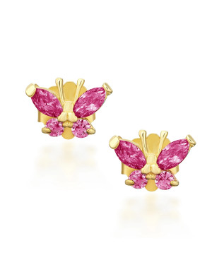 Gold butterfly earrings dark pink 14k