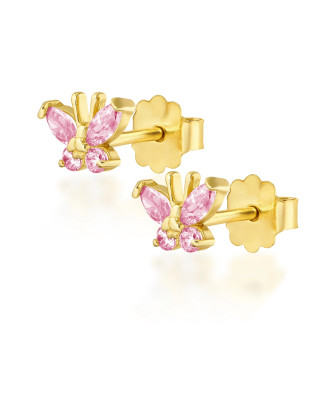 Gold butterfly earrings light pink 14k