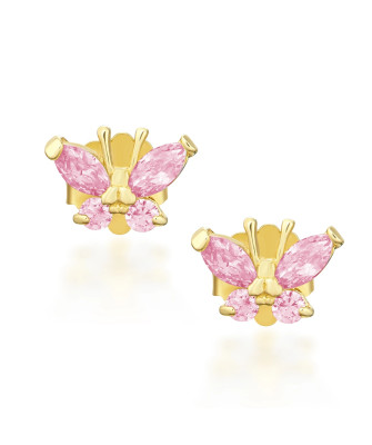 Gold butterfly earrings light pink 14k