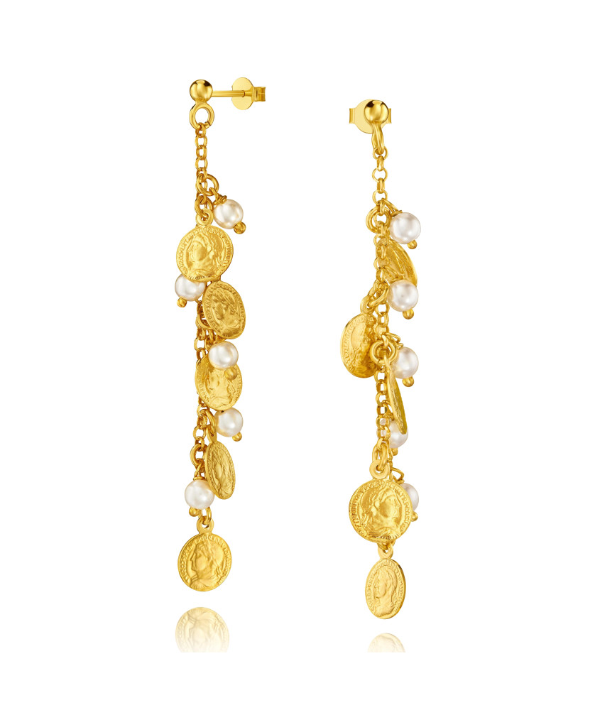Gold-Plated Sterling Silver Coin Drop Earrings with Pearls