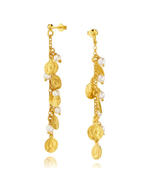 Gold-Plated Sterling Silver Coin Drop Earrings with Pearls