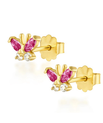 Gold earrings with dark pink butterflies 14k
