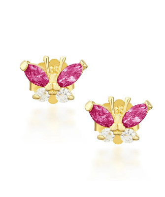 Gold earrings with dark pink butterflies 14k