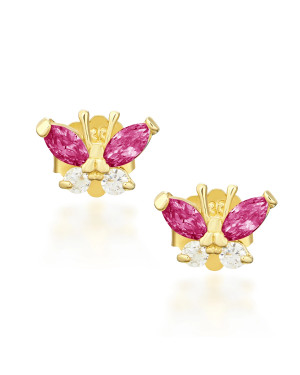 Gold earrings with dark pink butterflies 14k