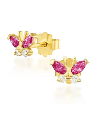 Gold earrings with dark pink butterflies 14k