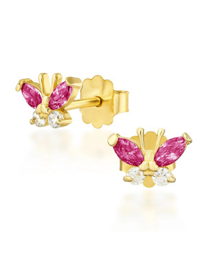 Gold earrings with dark pink butterflies 14k