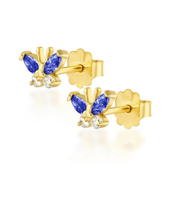 Gold earrings with blue butterflies 14k