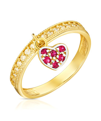 Ring with hanging heart red stones 14k