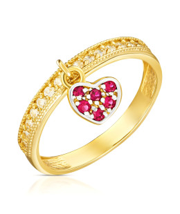 Ring with hanging heart red stones 14k