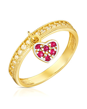 Ring with hanging heart red stones 14k