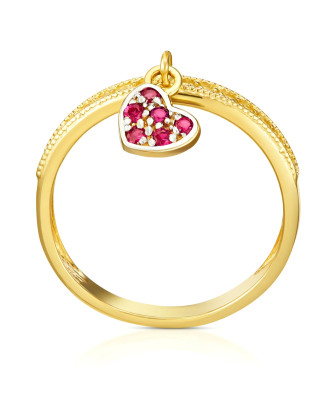 Ring with hanging heart red stones 14k