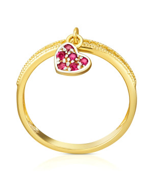 Ring with hanging heart red stones 14k