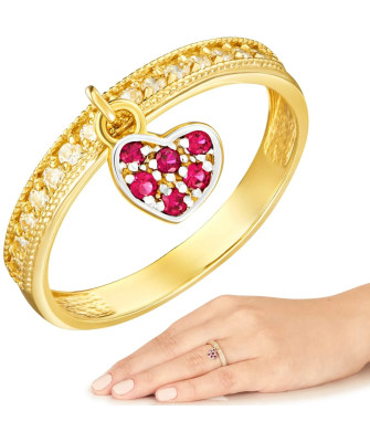 Ring with hanging heart red stones 14k