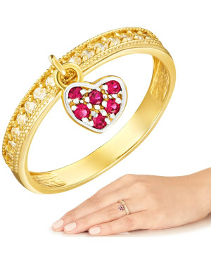 Ring with hanging heart red stones 14k