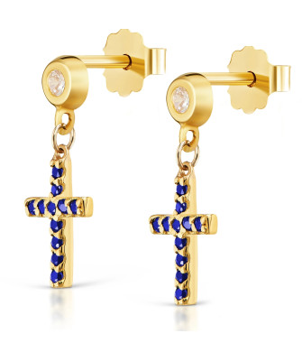 Gold cross blue earrings 14k